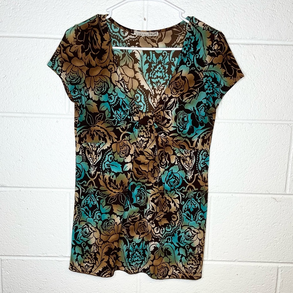 < “Girl Talk” Y2K Floral Women's Blouse - Brown and Teal >